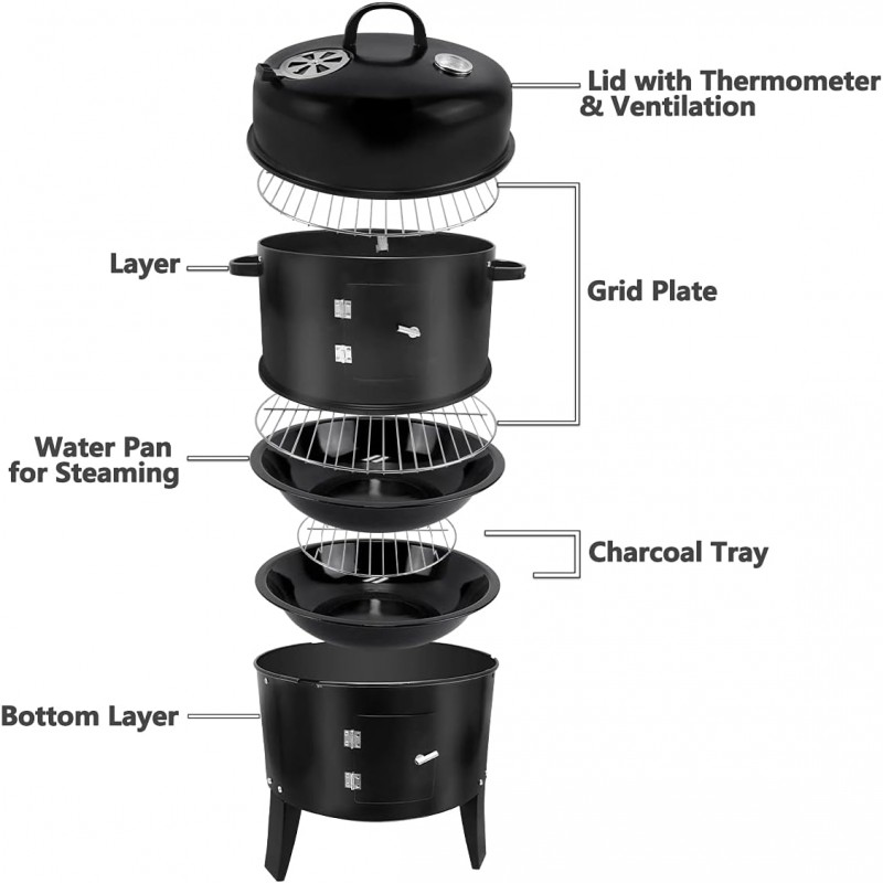 3 In 1 Vertical Charcoal Smoker,16 Inches Separable BBQ Smoker Grill Combo With Built-In Thermometer & Easy TEMP Adjustable Vent For Outdoor Cooking