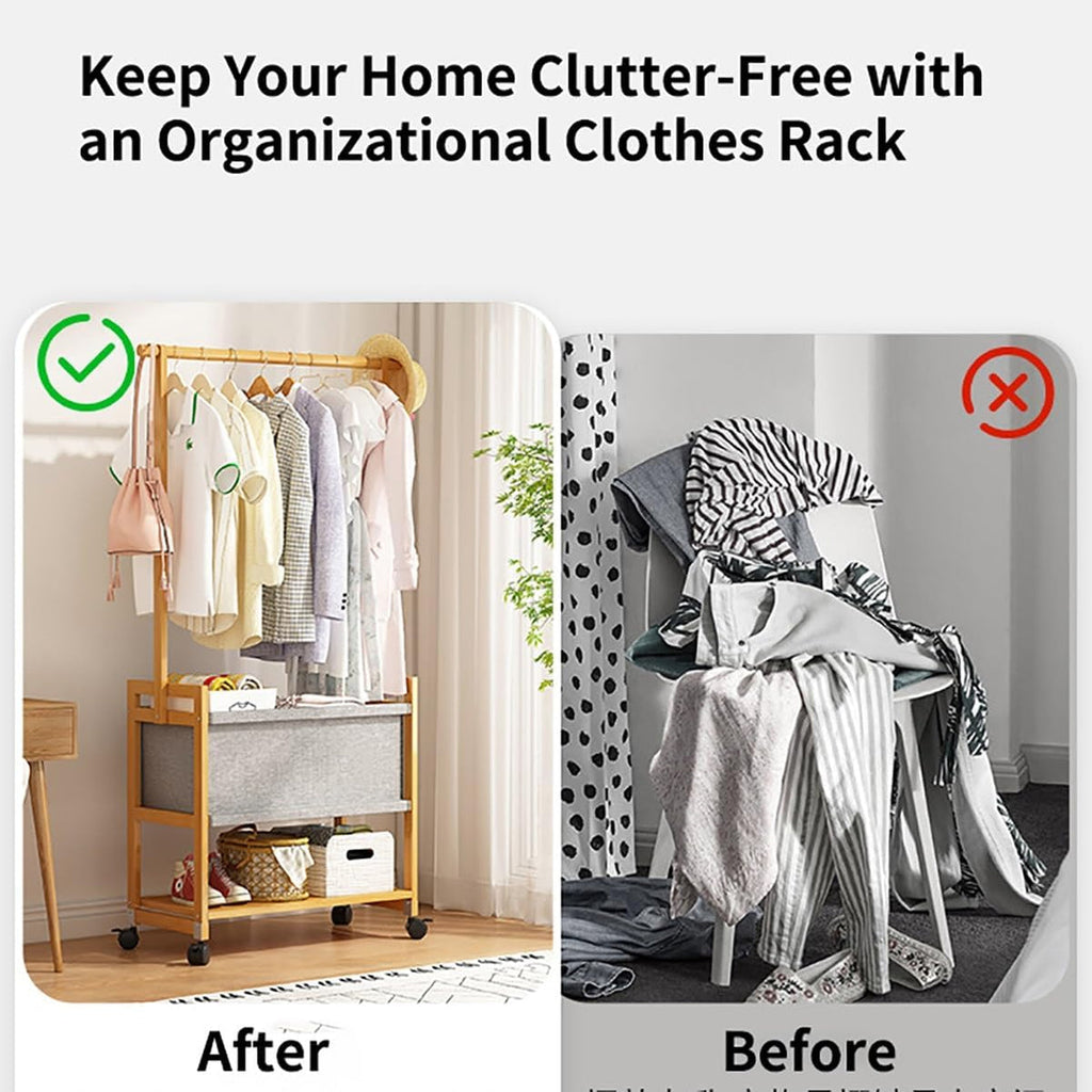 WOODEN COAT RACK STAND WITH FABRIC BASKET