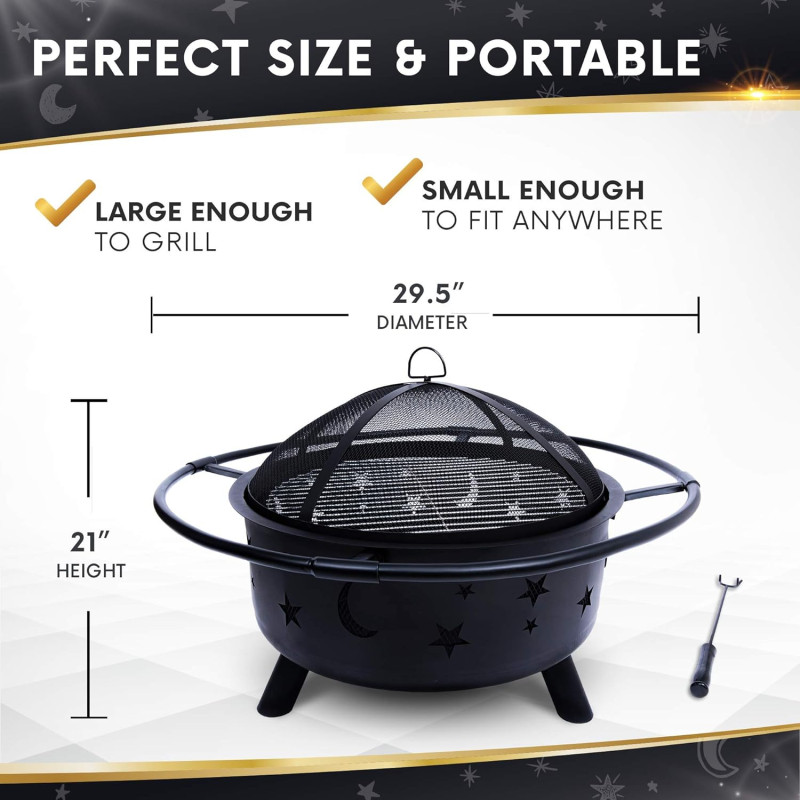Round Bonfire Wood Burning Patio & Backyard Firepit For Cooking BBQ Grill