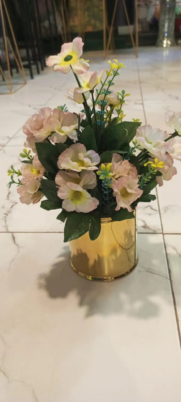 Golden Floor Planter Pot Round with Pink Flowers