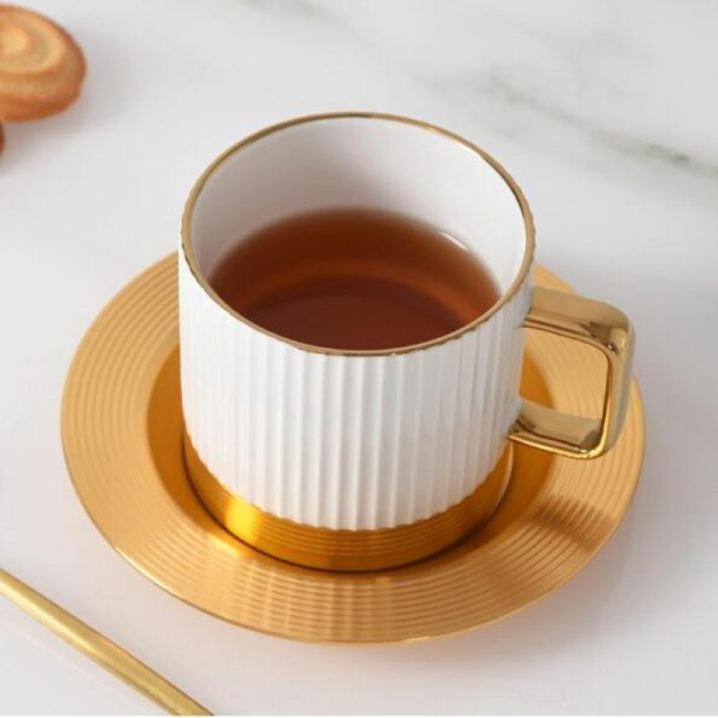 Striped Coffee & Tea Cup Set With Metal Saucer – Set Of 6 | Elegant Gift Set |