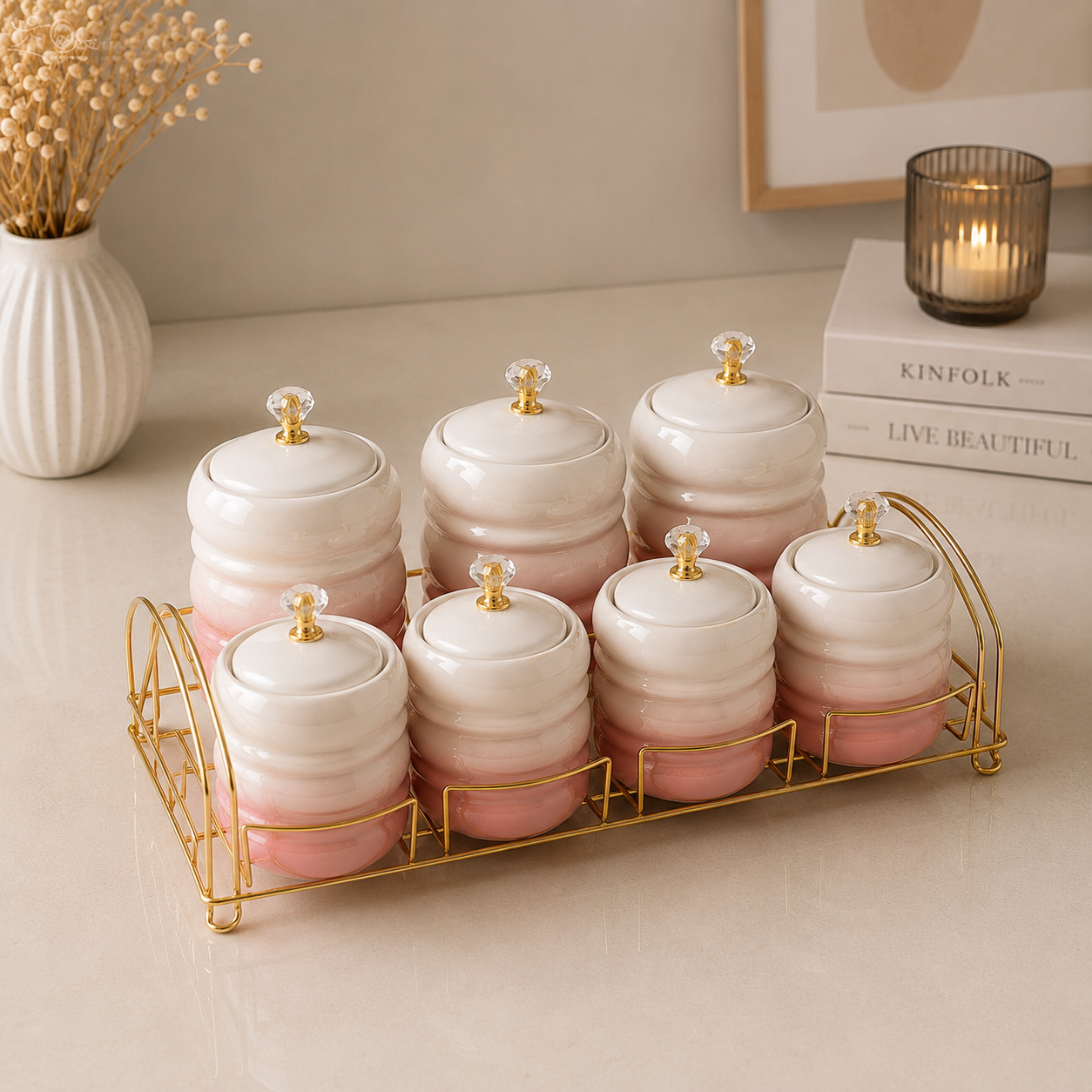 7 Pcs Blush Pink Ceramic Canister Set