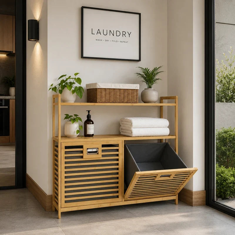 Bamboo Double Laundry Storage Organizer with Shelf