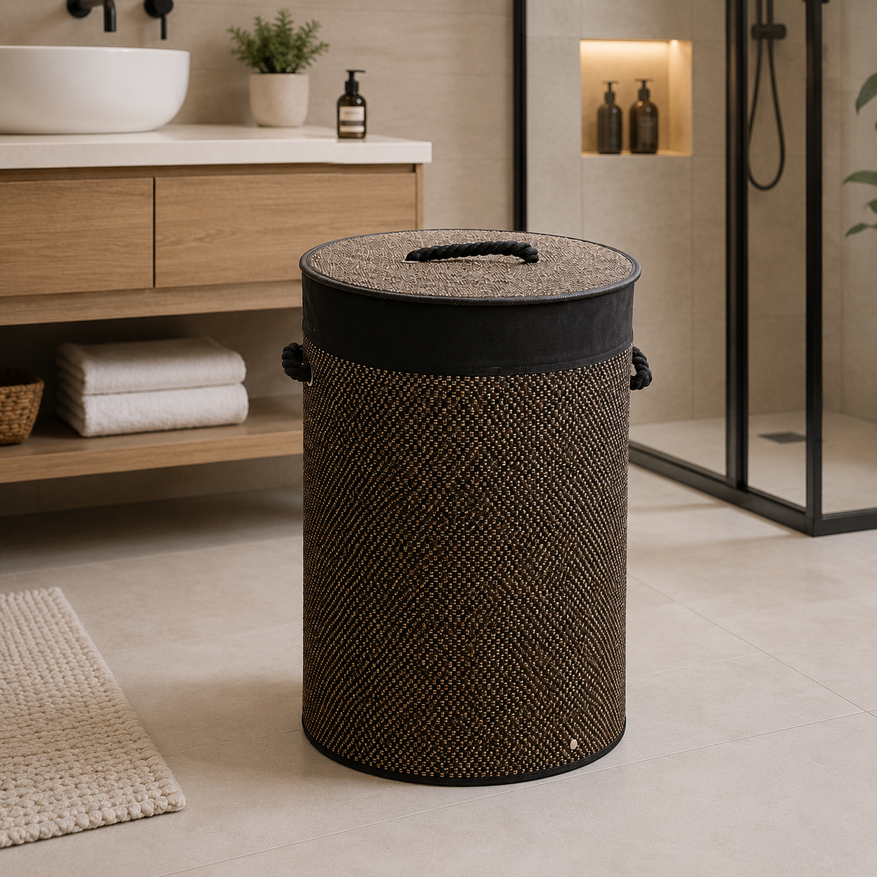 Bamboo Round Laundry Basket with Lid – Dark Brown