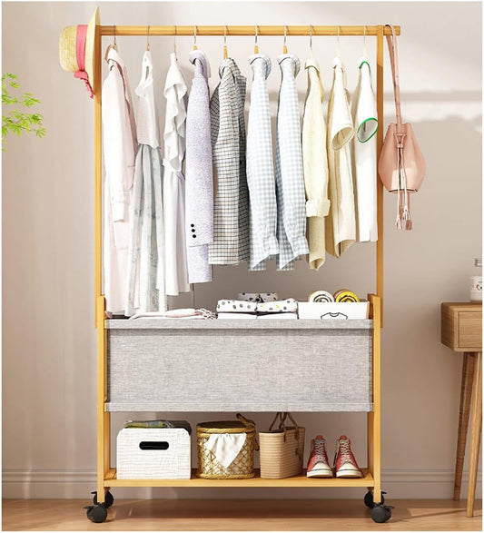 WOODEN COAT RACK STAND WITH FABRIC BASKET