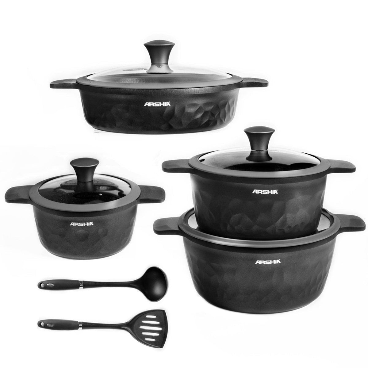 ARSHIA PREMIUM DIE-CASTED ALUMINIUM 8PCS COOKWARE SET SILICON GLASS LID BLACK