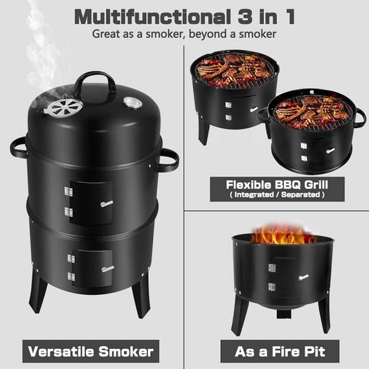 3 In 1 Vertical Charcoal Smoker,16 Inches Separable BBQ Smoker Grill Combo With Built-In Thermometer & Easy TEMP Adjustable Vent For Outdoor Cooking