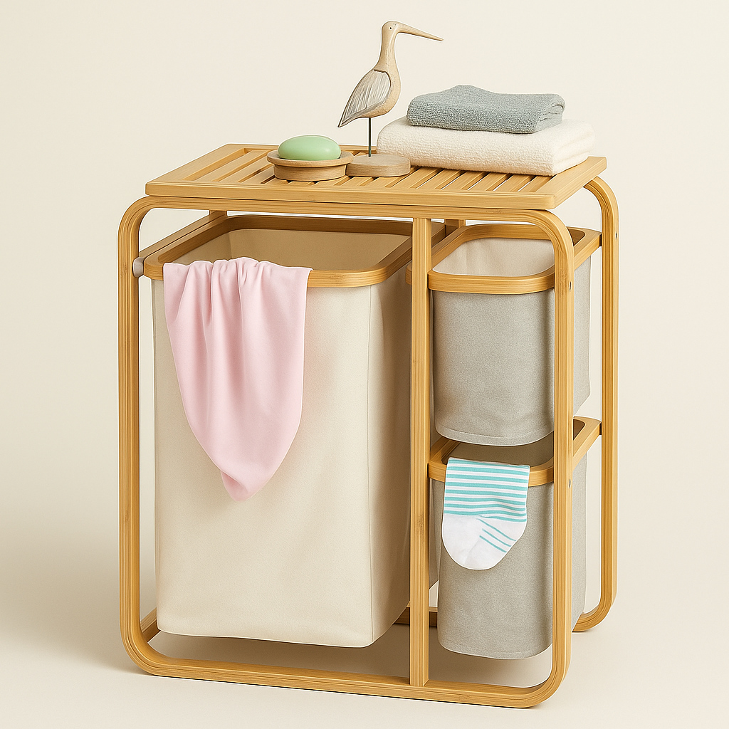 3 Grid Bamboo Laundry Basket - White