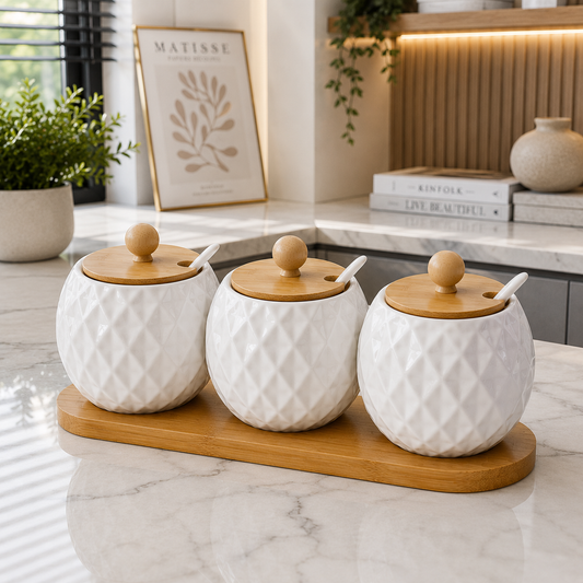 Premium 3-Pcs Ceramic Spice & Chutney Jar Set with Bamboo Tray