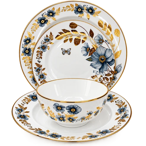 Premium Porcelain 24-Piece Dinner Set for 6 Persons – Blue Floral & Gold Rim
