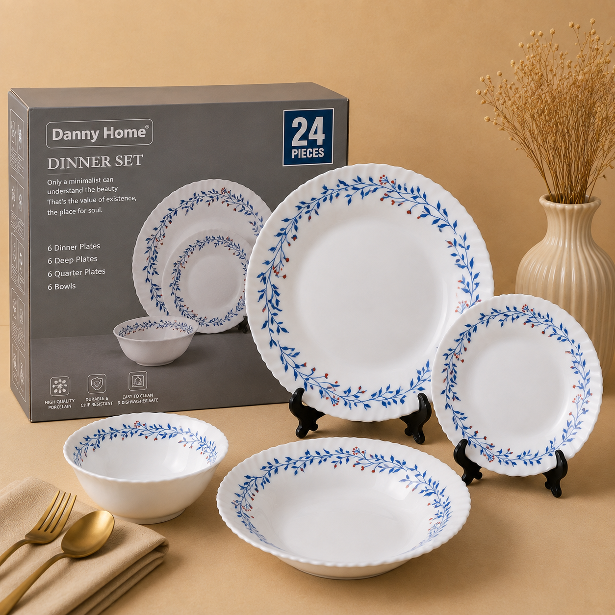 Danny Home™
Danny Home 24 Pcs Blue Botanical Dinner Set
