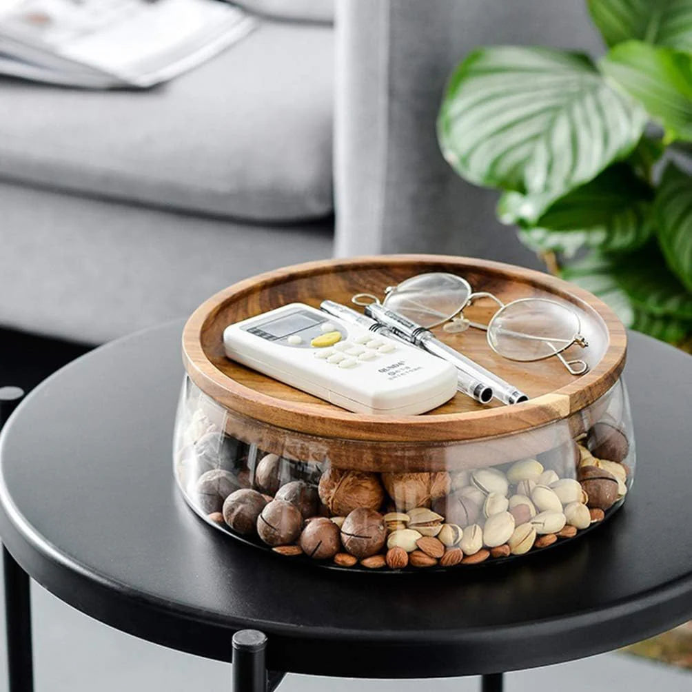 TRANSPARENT GLASS STORAGE CANISTER WITH WOODEN LID