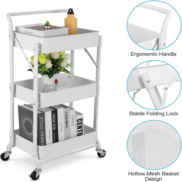 Foldable 3 Tier Metal Utility Rolling Cart