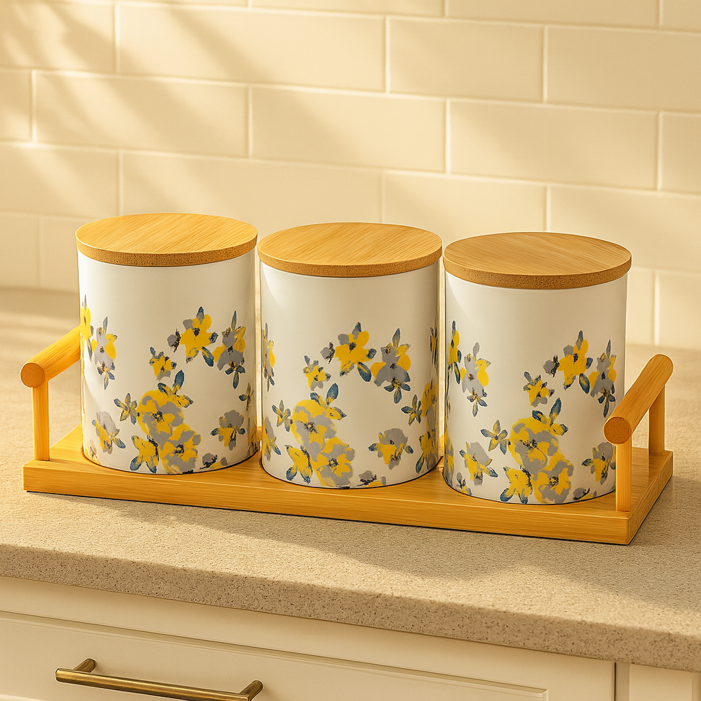 Floral Ceramic Jar Set of 3 with Bamboo Tray