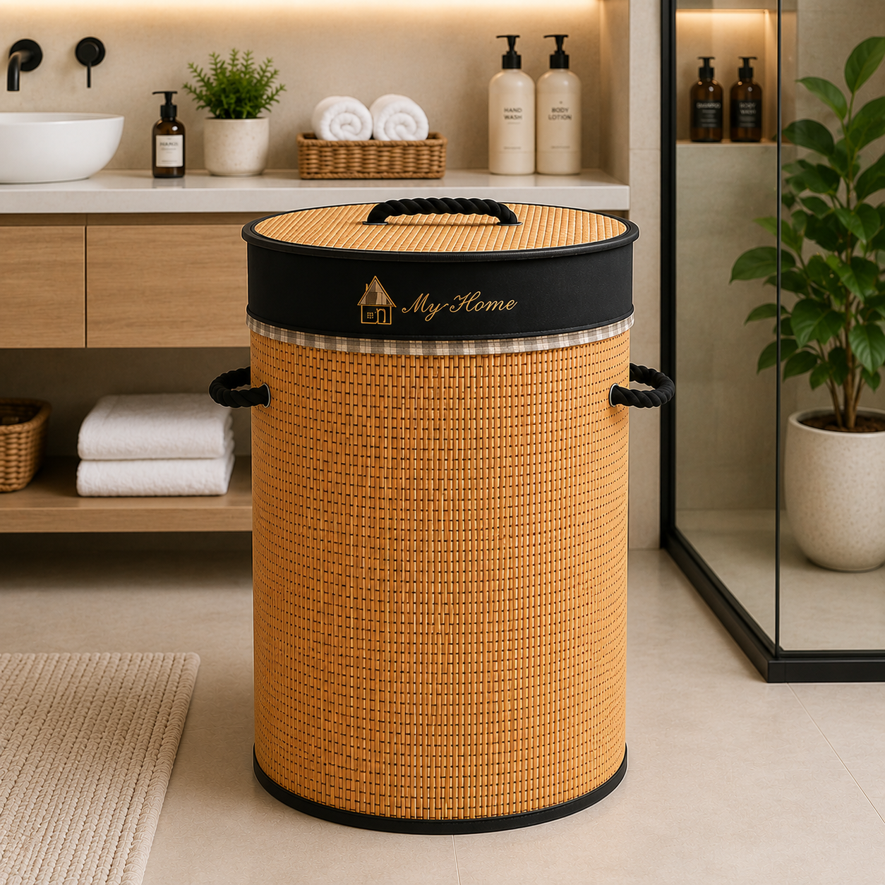 Bamboo Round Laundry Basket with Lid – Light Brown