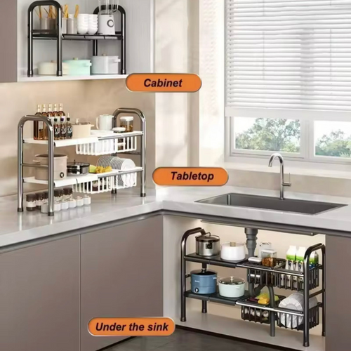 2 Tier Under Sink Organizer, Expandable Cabinet Shelf, Multifunctional Kitchen Organizer