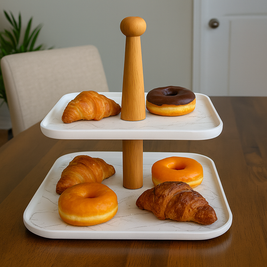 Two-Tier White Serving Tray with Wooden Stand