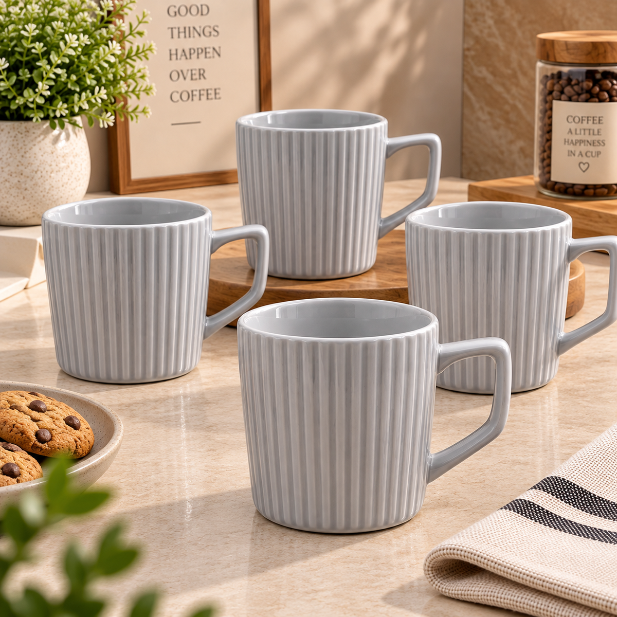Premium Ribbed Ceramic Mug Set – 4 Pcs