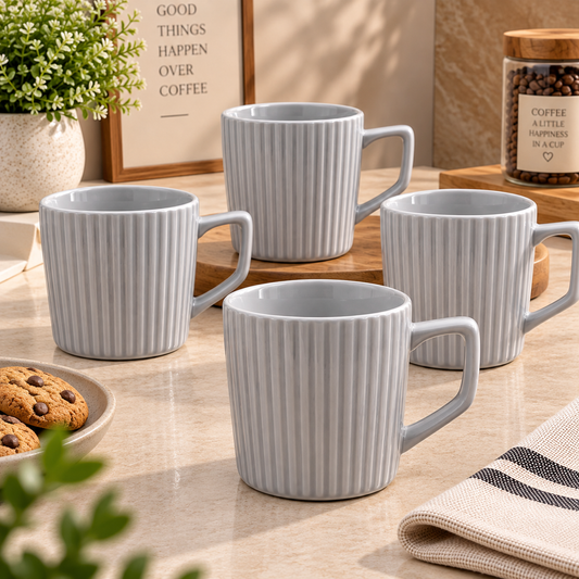 Premium Ribbed Ceramic Mug Set – 4 Pcs