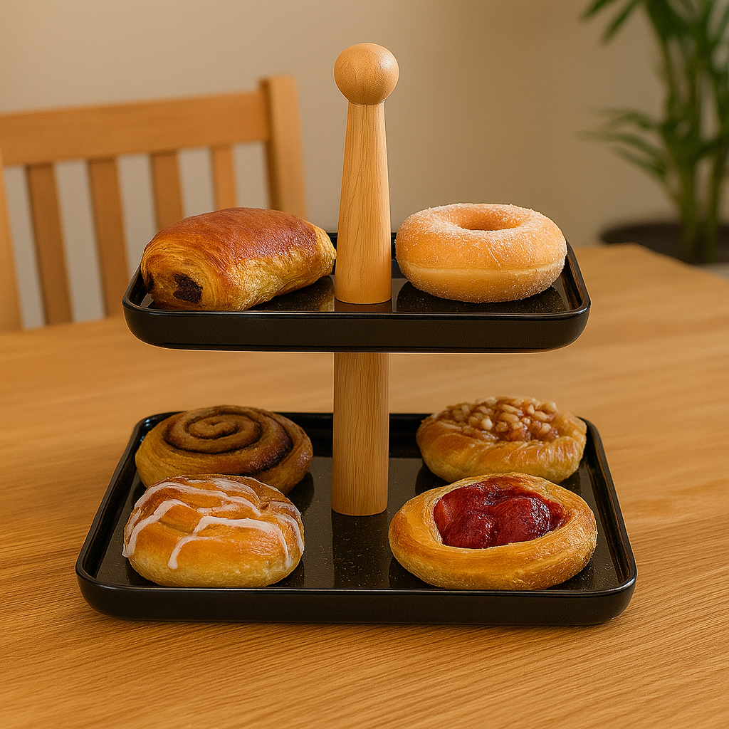 Two-Tier Black Serving Tray with Wooden Stand