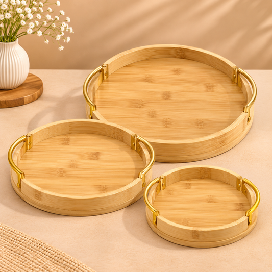 Luxe Bamboo Serving Tray Set with Gold Handles – 3 Pcs | Round
