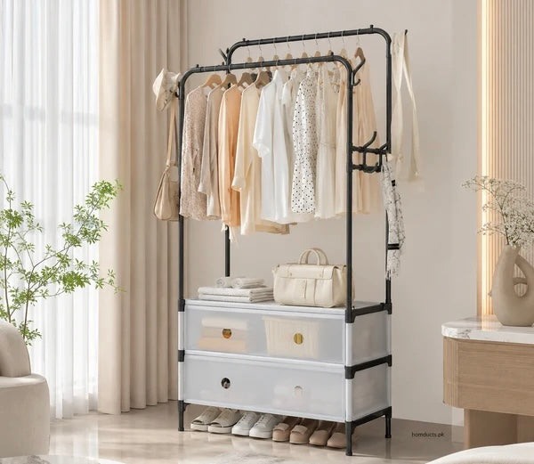 Luxury Double Pole Clothes Rack with Storage Drawers & Shoe Organizer | Heavy Duty Garment Stand