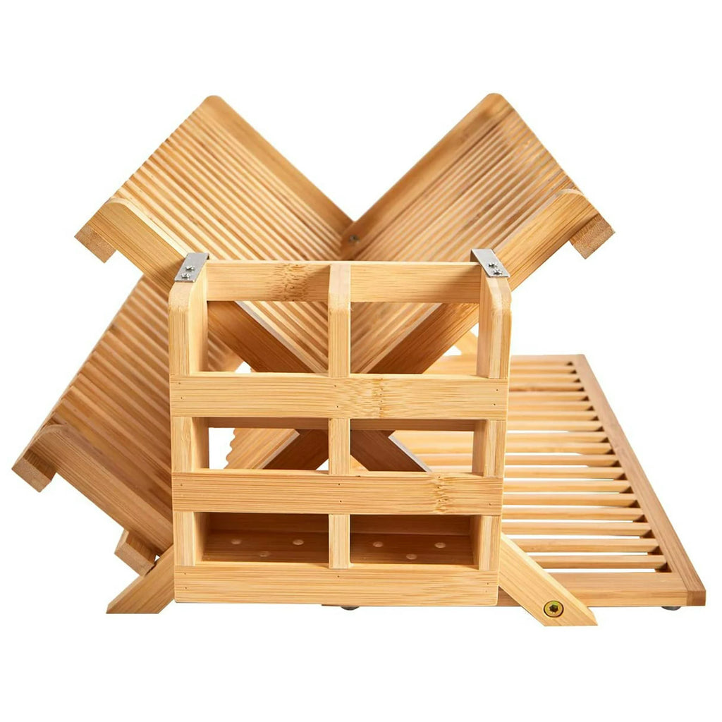 Foldable Bamboo Dish Drying Rack Holder - Wooden Flatware Dish Rack