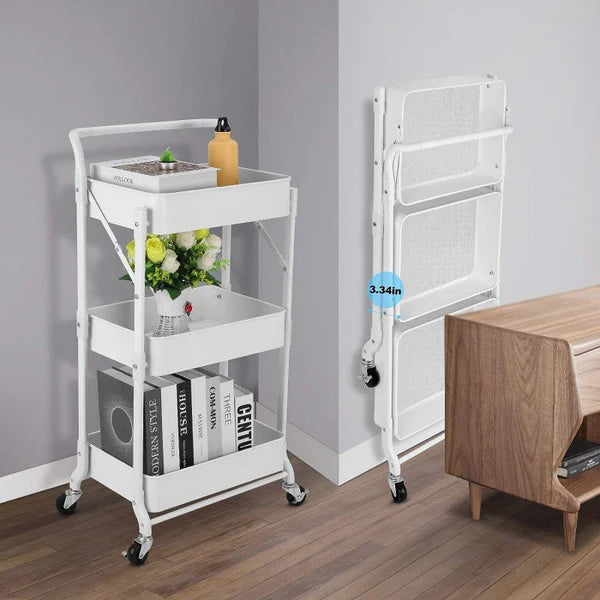 Foldable 3 Tier Metal Utility Rolling Cart