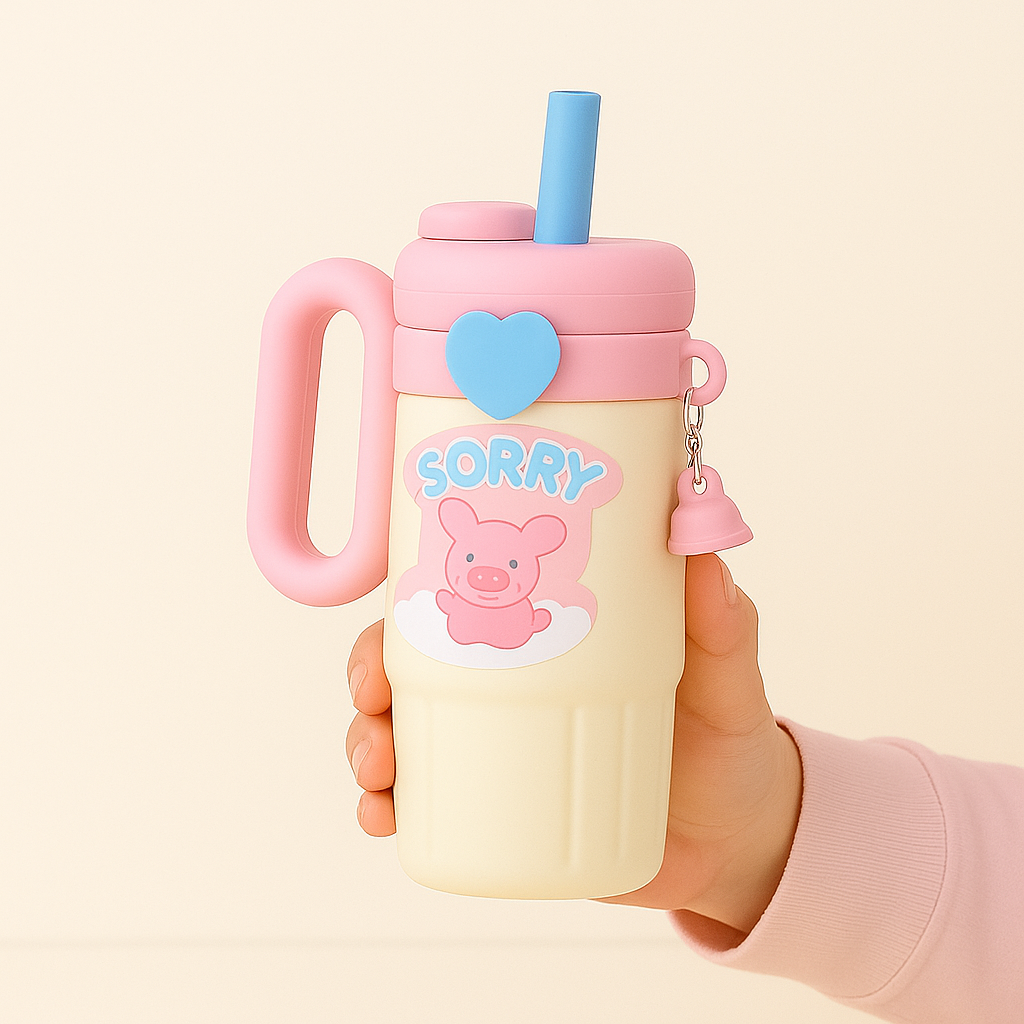 Kids Cute Cartoon Handle Straw Cup – 850ml