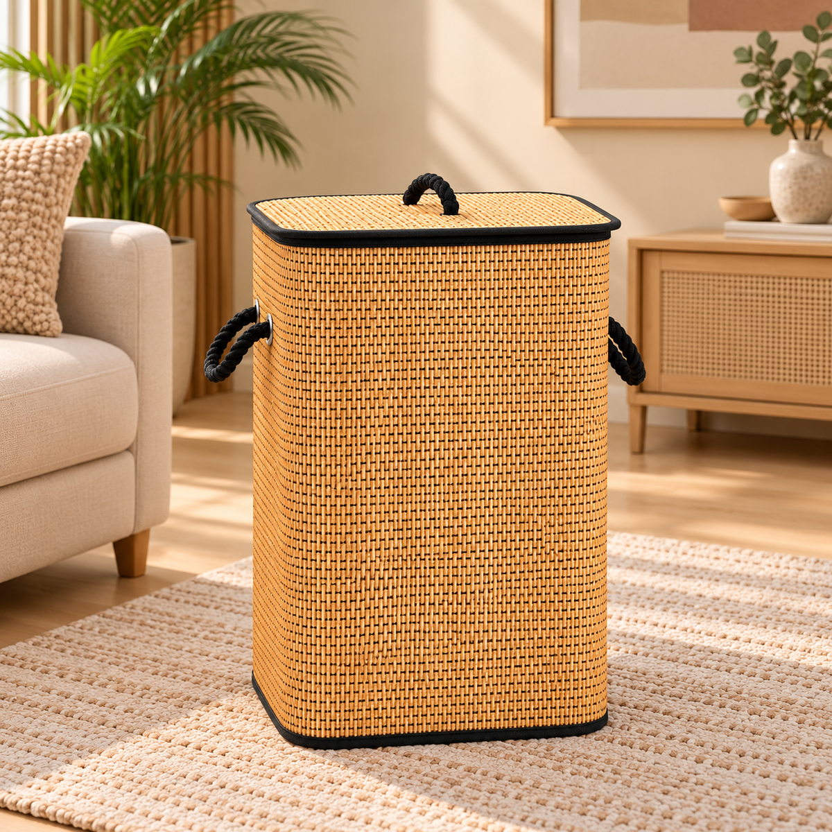 Bamboo Laundry Basket with Lid & Black Rope Handles – 40 × 30 × 60 cm