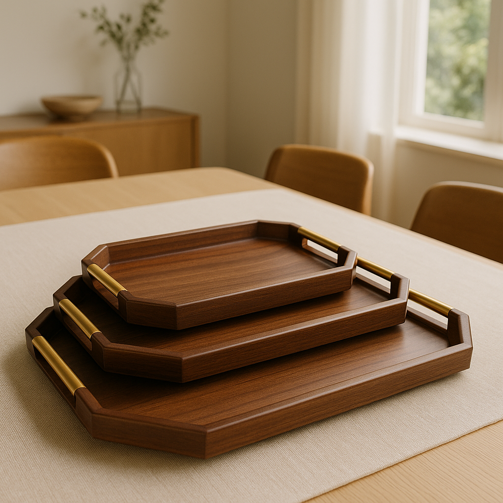 Premium Walnut Wooden Serving Tray Set With Gold Handles (3-Piece)