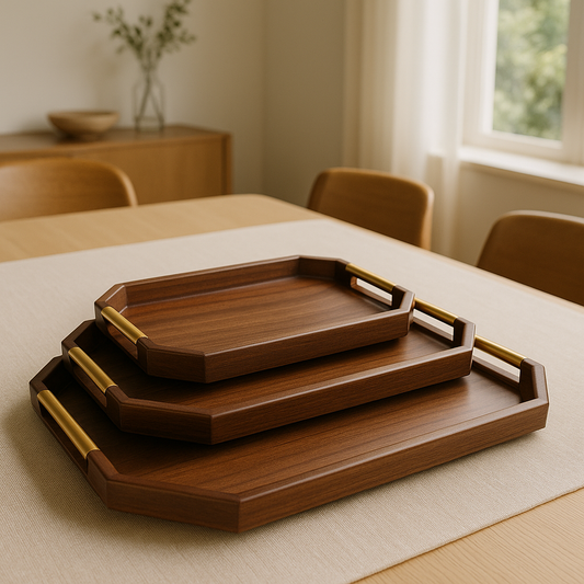 Premium Walnut Wooden Serving Tray Set With Gold Handles (3-Piece)