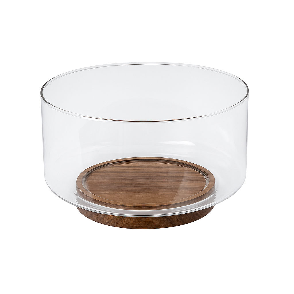 Modern Glass Fruit Bowl With Premium Wooden Base