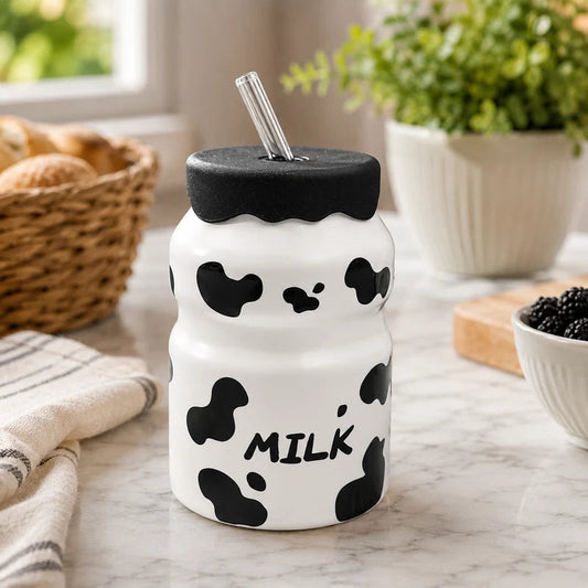 Cow Print Ceramic Milk Mug with Lid & Glass Straw