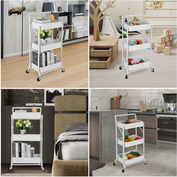 Foldable 3 Tier Metal Utility Rolling Cart
