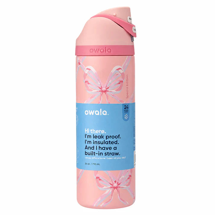 Owala 24oz FreeSip Water Bottle – Leak-Proof, Insulated (Pink Bow Edition)