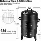 3 In 1 Vertical Charcoal Smoker,16 Inches Separable BBQ Smoker Grill Combo With Built-In Thermometer & Easy TEMP Adjustable Vent For Outdoor Cooking