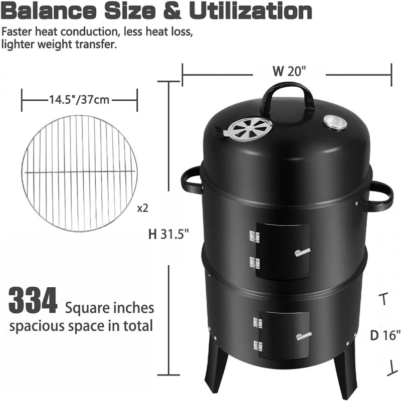 3 In 1 Vertical Charcoal Smoker,16 Inches Separable BBQ Smoker Grill Combo With Built-In Thermometer & Easy TEMP Adjustable Vent For Outdoor Cooking