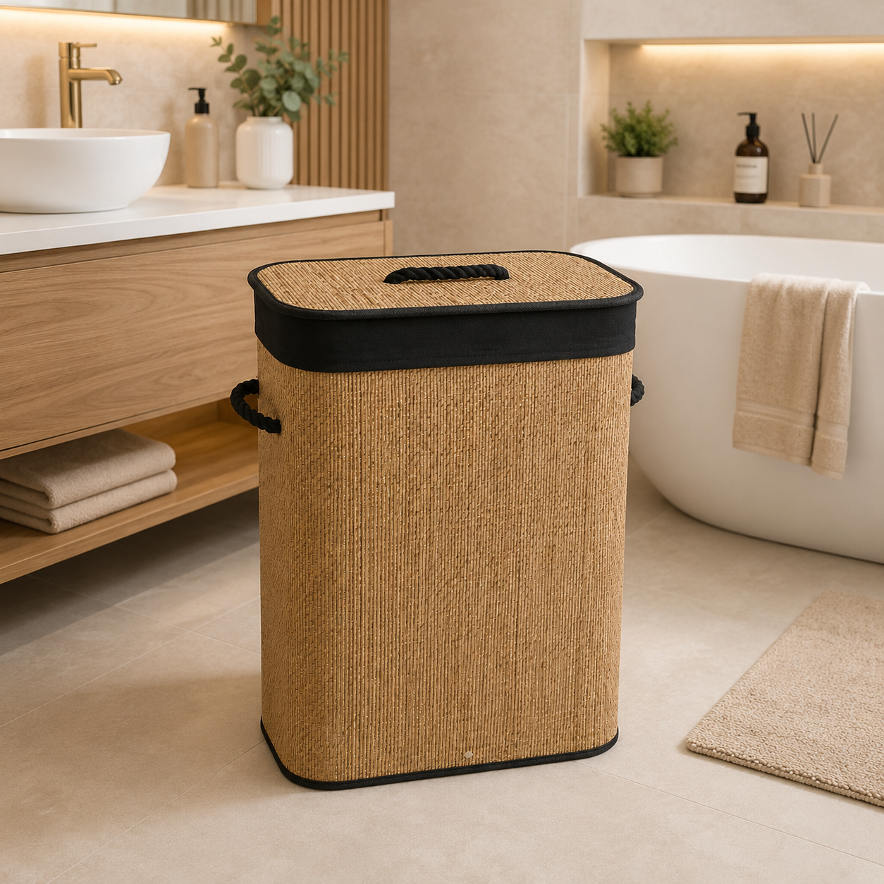 Bamboo Laundry Basket with Lid – Single Compartment (Light Brown)