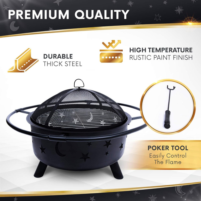 Round Bonfire Wood Burning Patio & Backyard Firepit For Cooking BBQ Grill