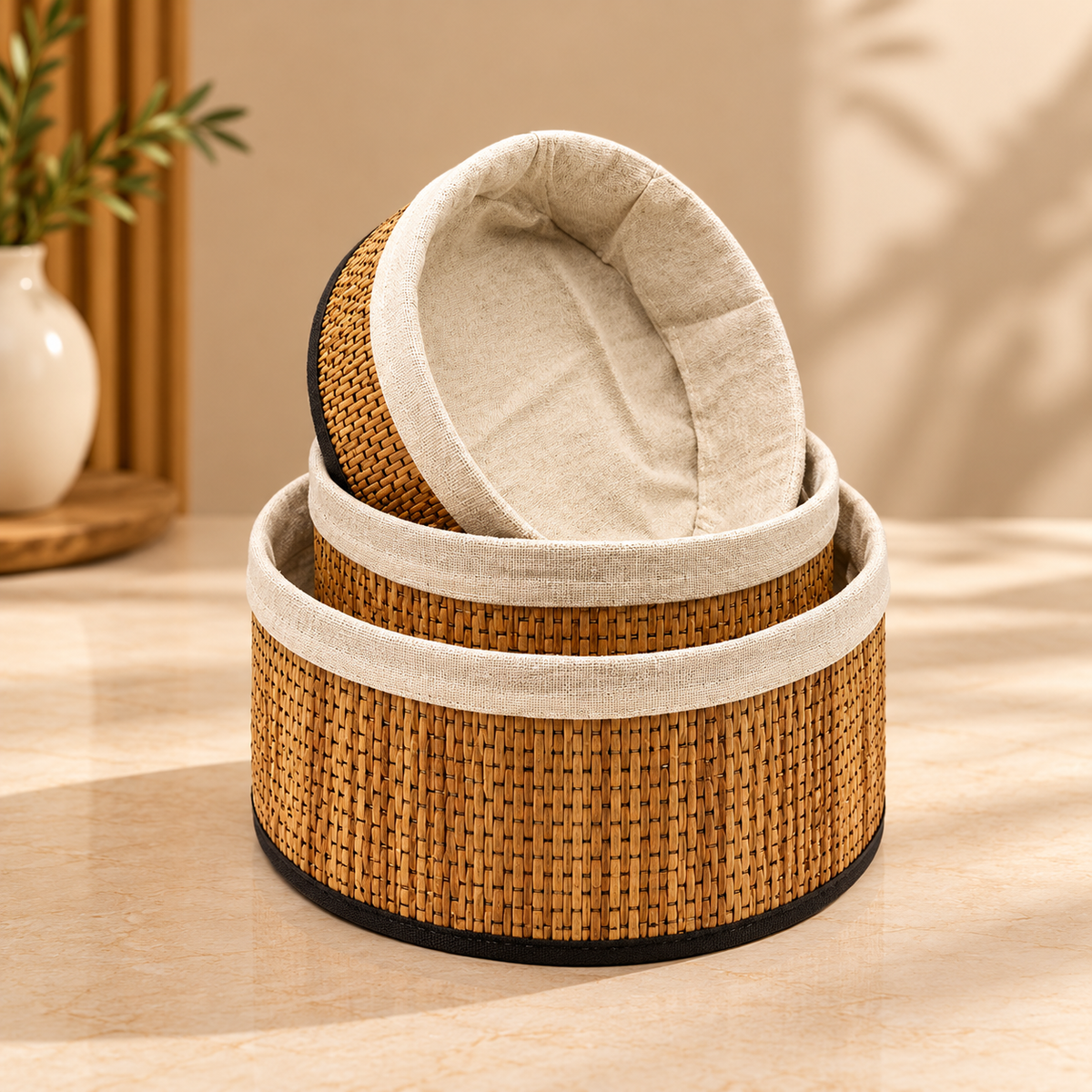 Premium Bamboo Storage Basket Set – 3 Pcs | Round