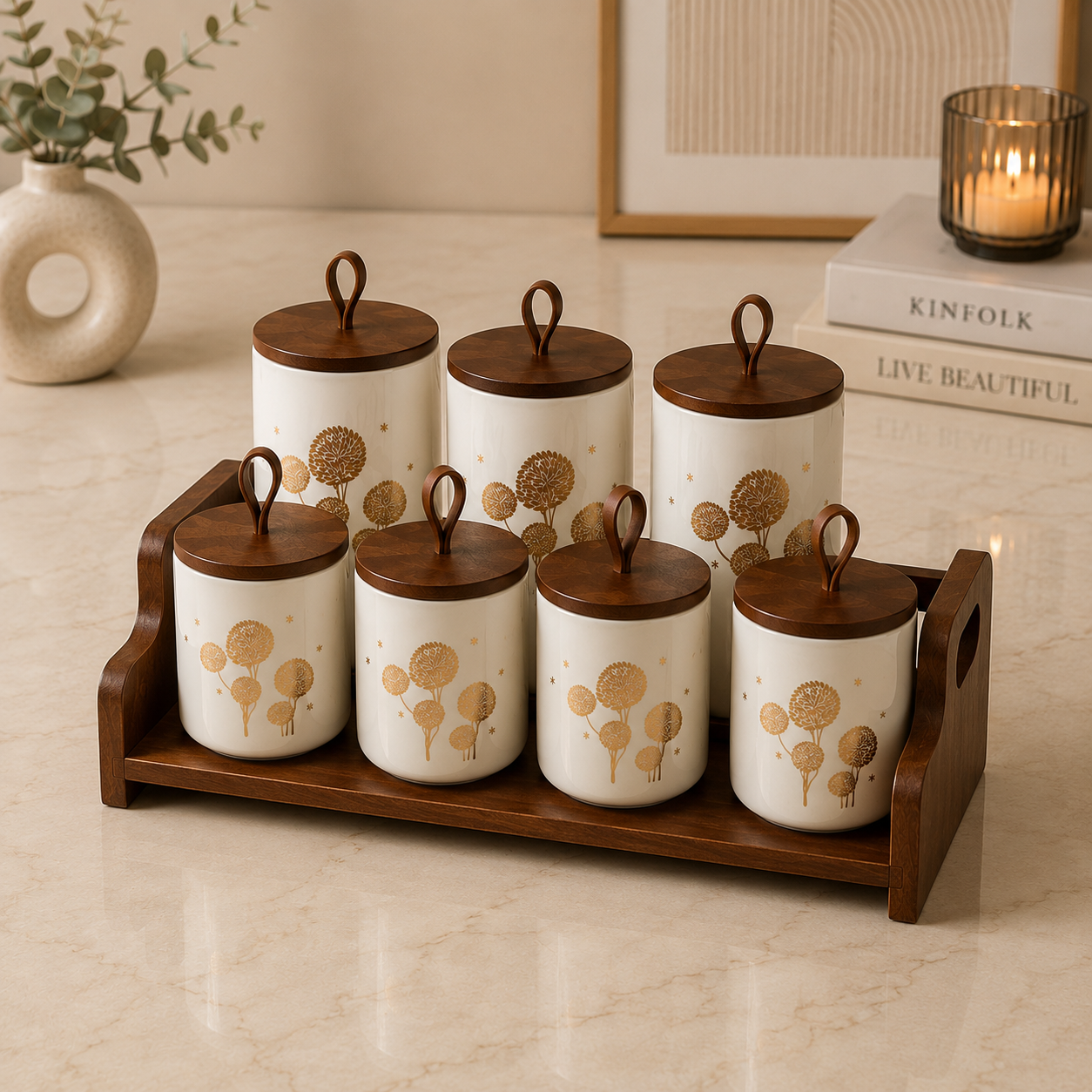 7 Pcs Gold Floral Ceramic Canister Set with Wooden Tray