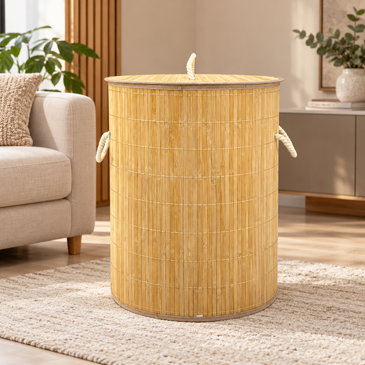 Bamboo Laundry Basket with Lid & Rope Handles – 40 × 50 cm