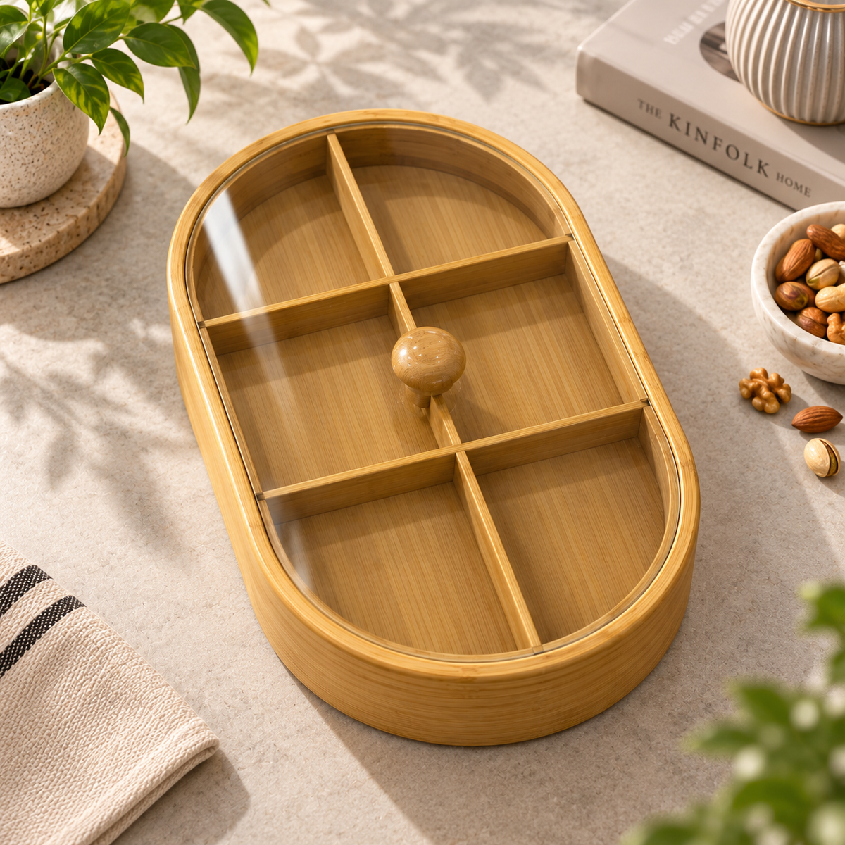 Premium Wooden 6-Compartment Dry Fruit Box with Acrylic Lid