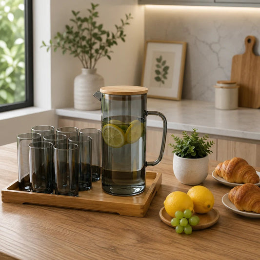 Smoke Luxe Glass Beverage Set with Bamboo Tray – 8 Pieces