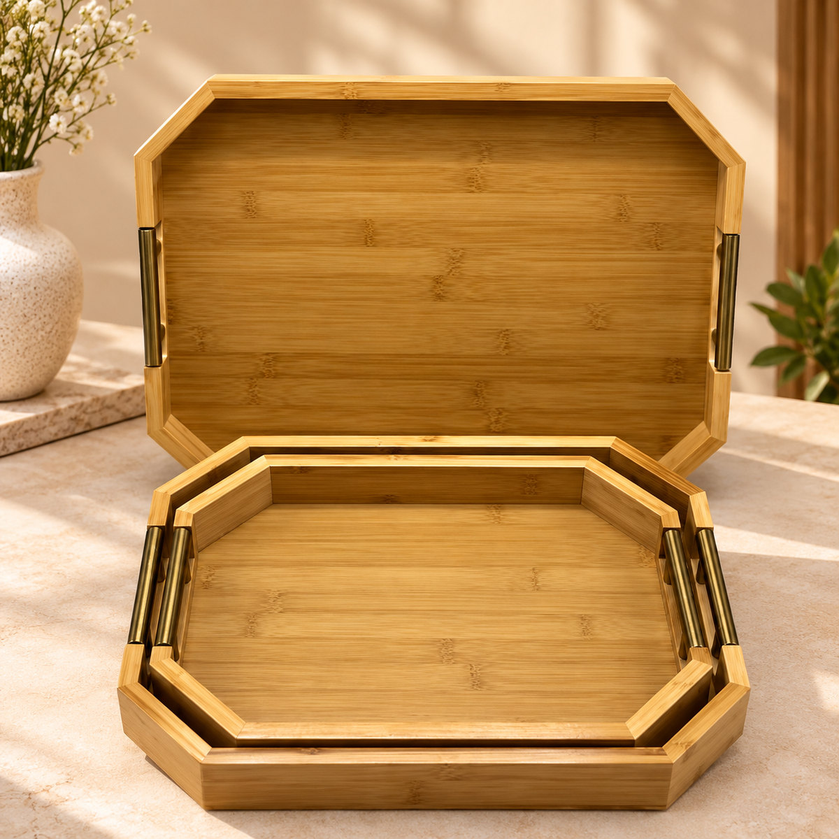 Premium 3 Pcs Bamboo Serving Tray Set with Gold Handles