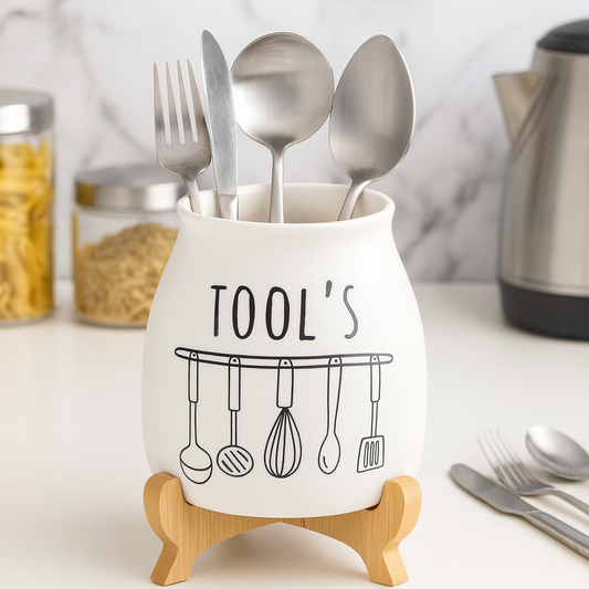 Porcelain Cutlery Holder With Bamboo Stand