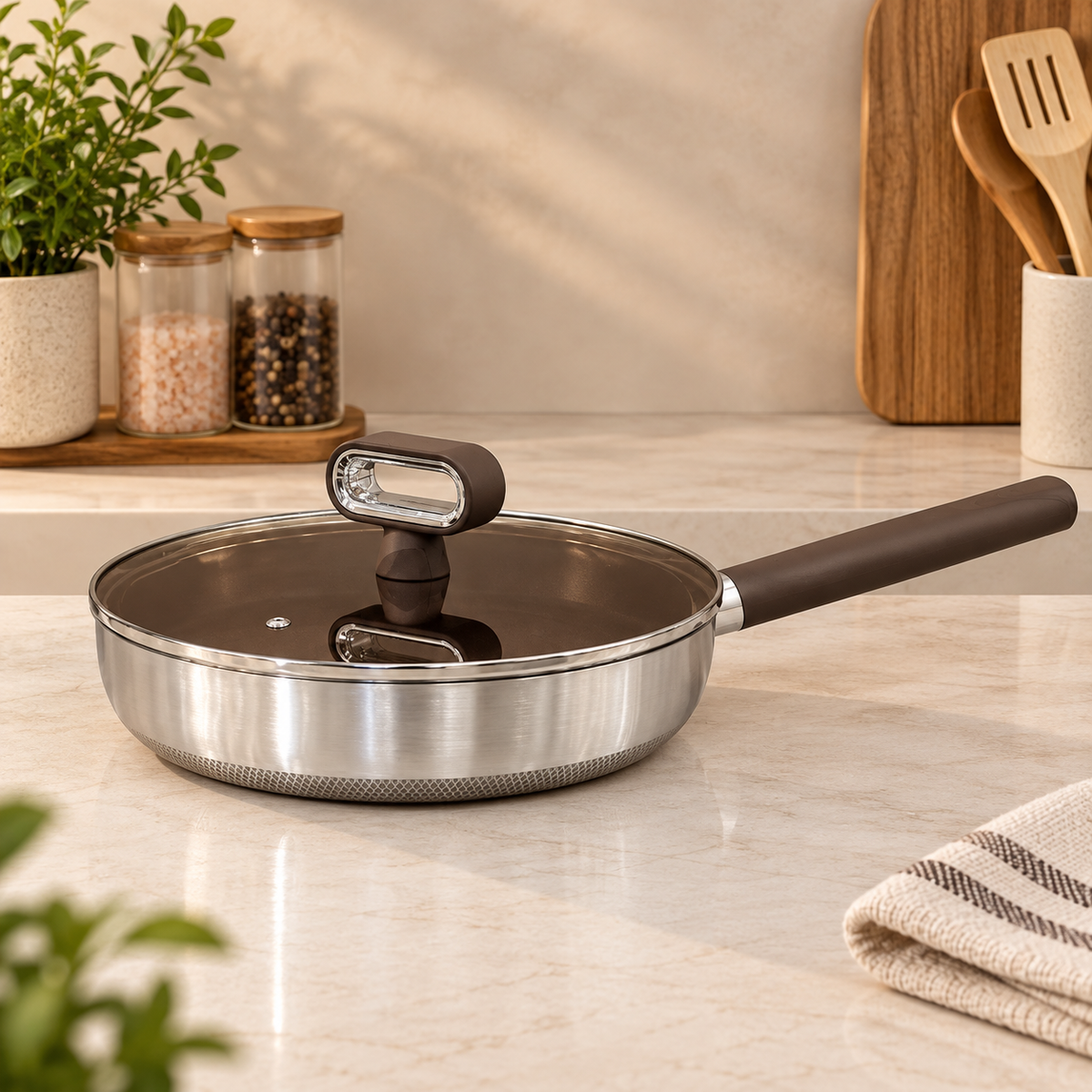 Titanium Coated Stainless Steel Frypan with Glass Lid