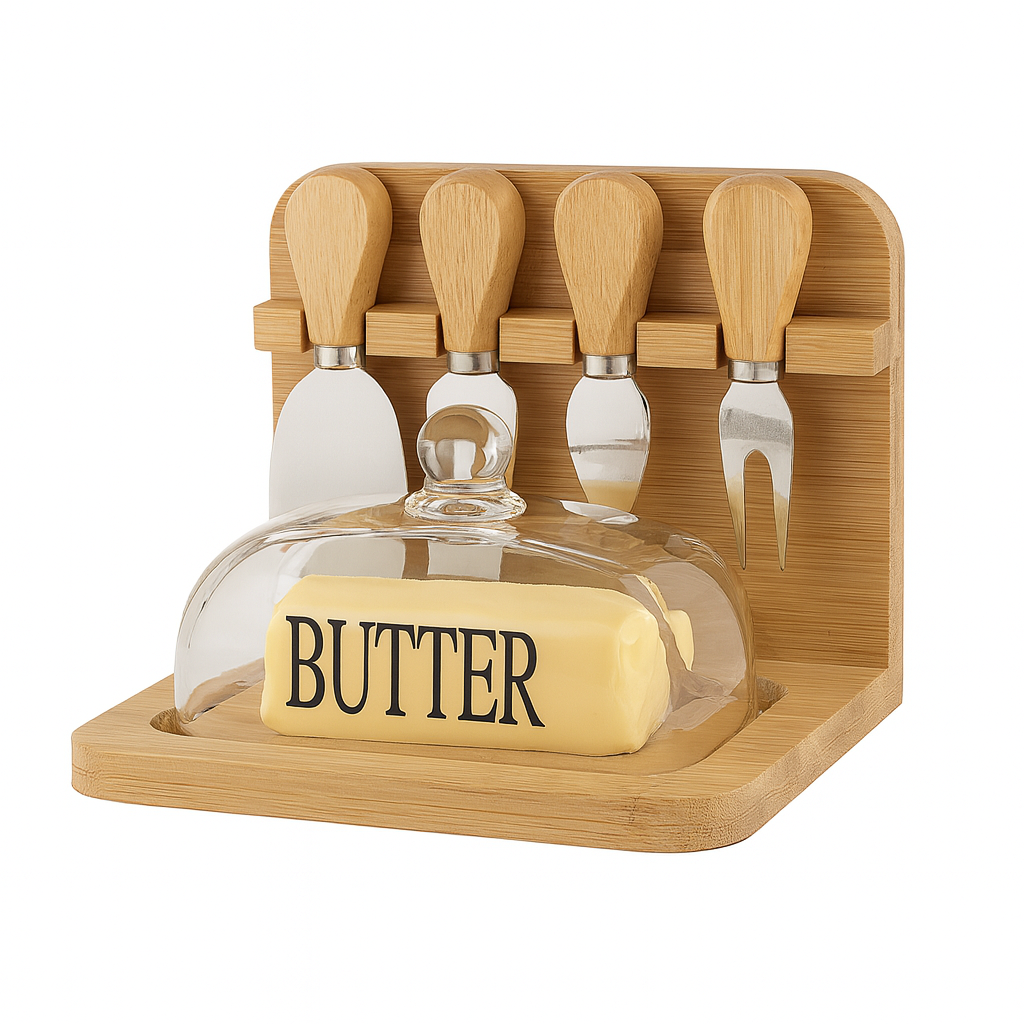 Butter Dish and Cheese Knife Set with Bamboo Base and Glass Lid