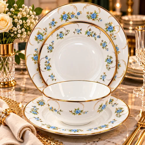 Premium Porcelain 24-Piece Dinner Set for 6 Persons – Blue Floral & Gold